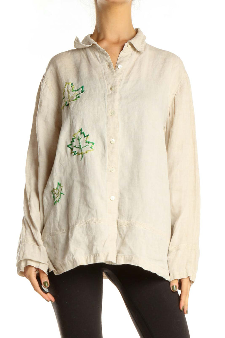 Reworked: Beige Hand Embroidered Linen Shirt with Leaves Detail