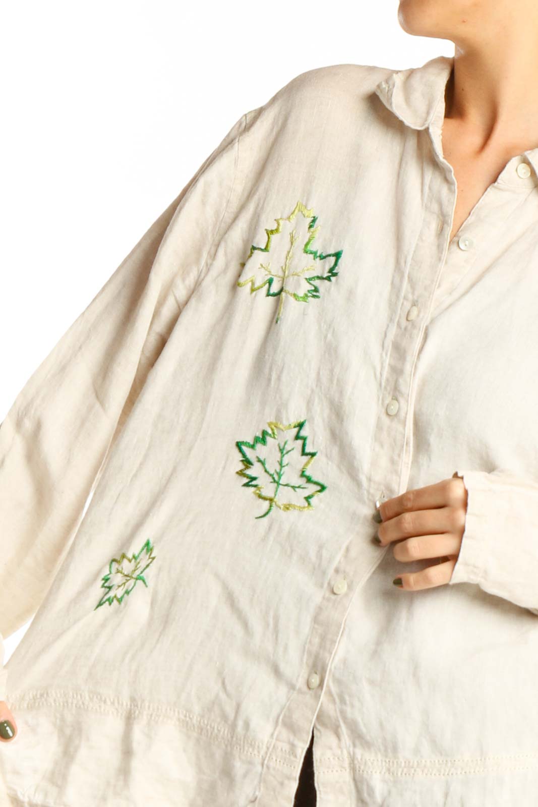 Reworked: Beige Hand Embroidered Linen Shirt with Leaves Detail