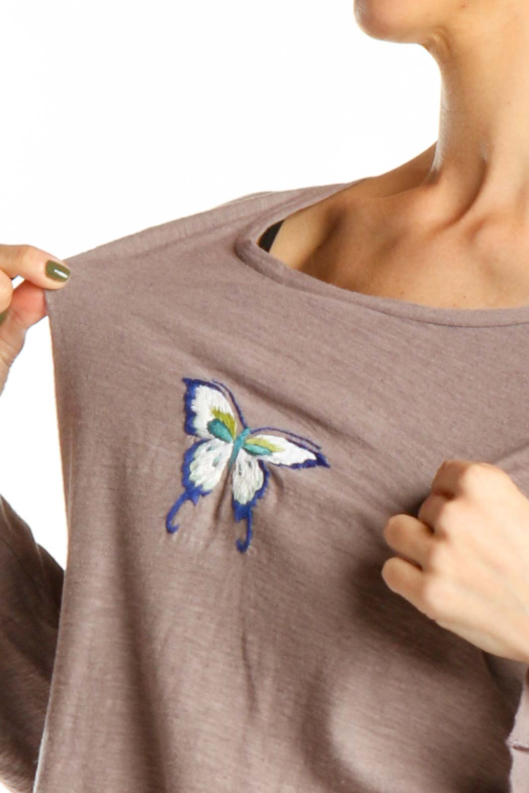 Reworked: Brown Hand Embroidered Shirt with Blue White Butterfly