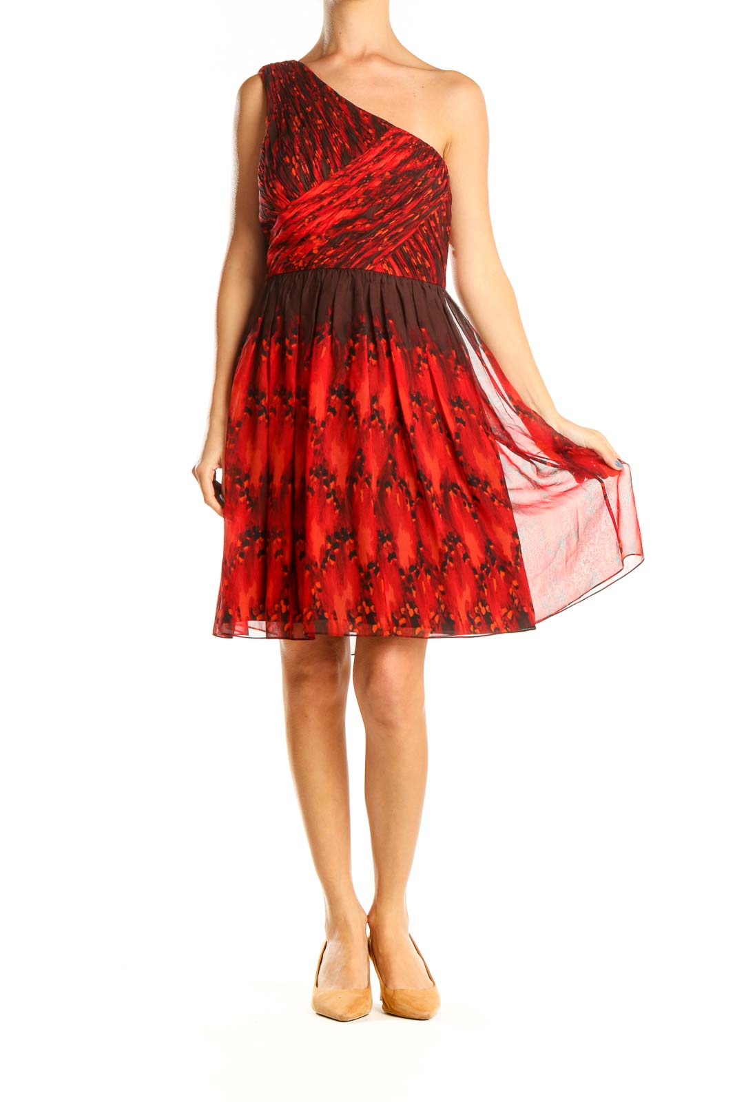 Red Printed One Shoulder Cocktail Dress