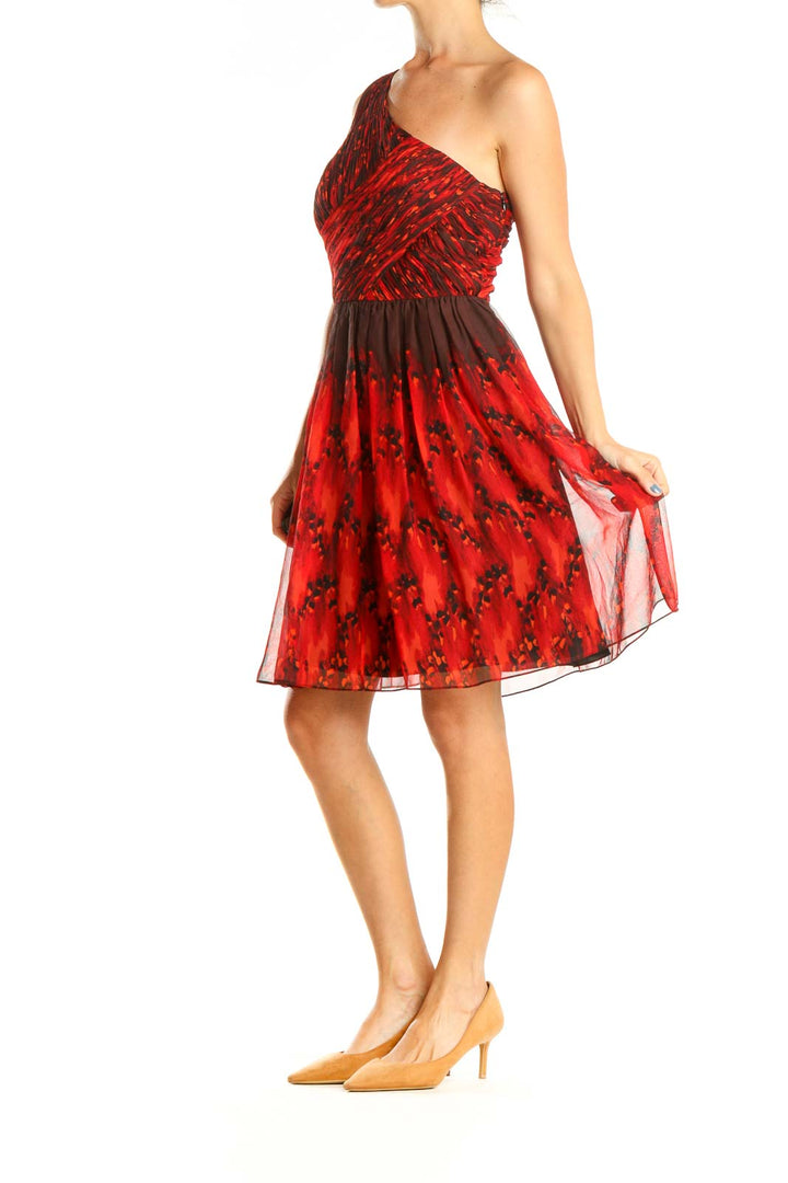 Red Printed One Shoulder Cocktail Dress