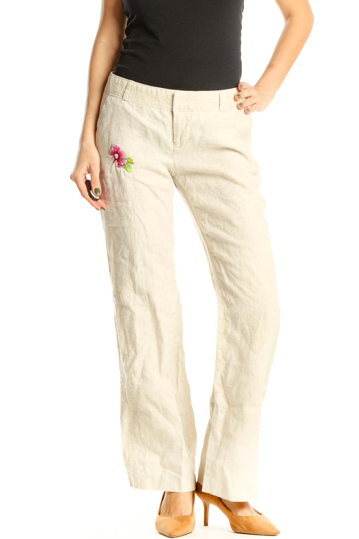 Reworked: Hand Embroidered Linen Pants with Pink Flower