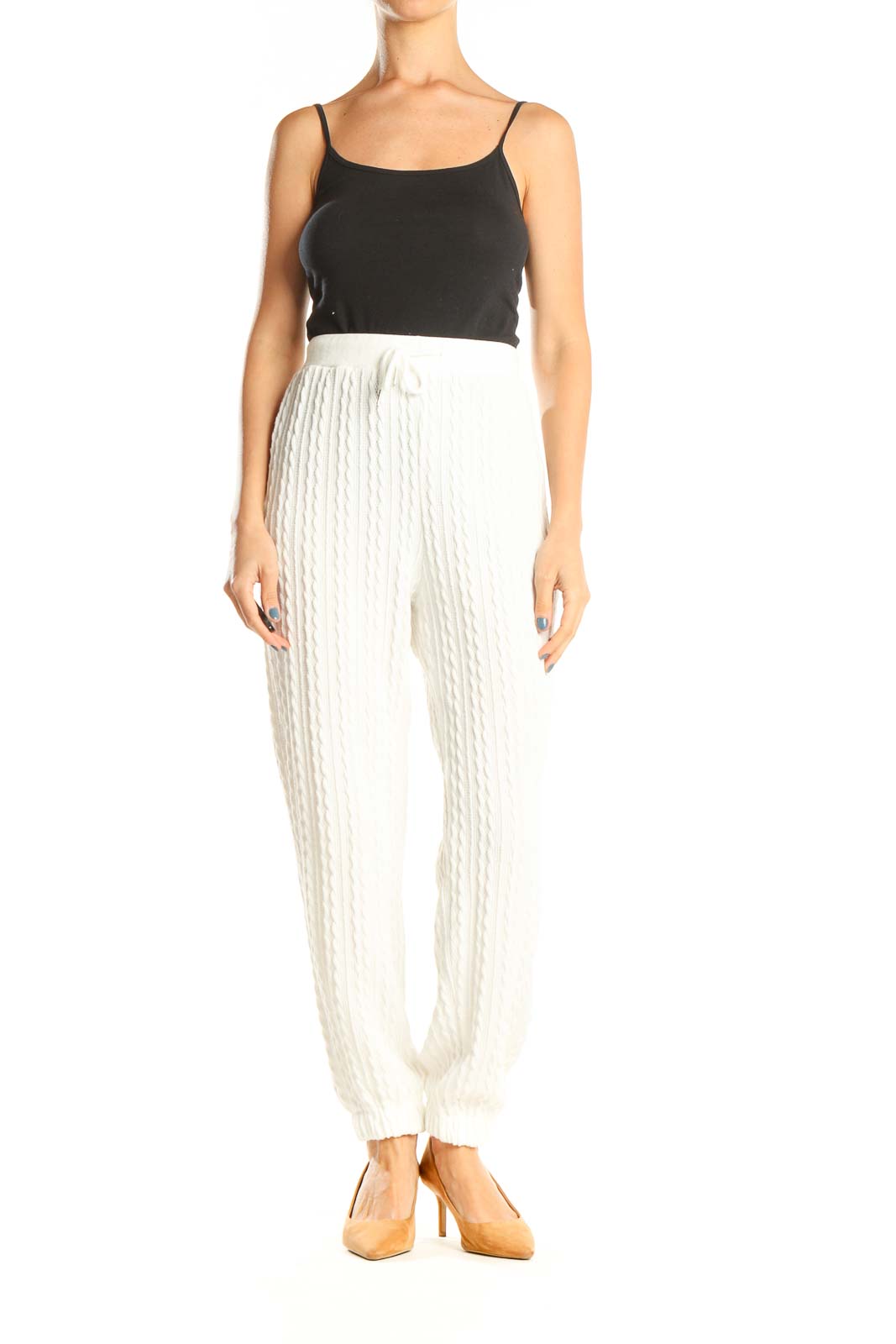 White Textured Casual Pants