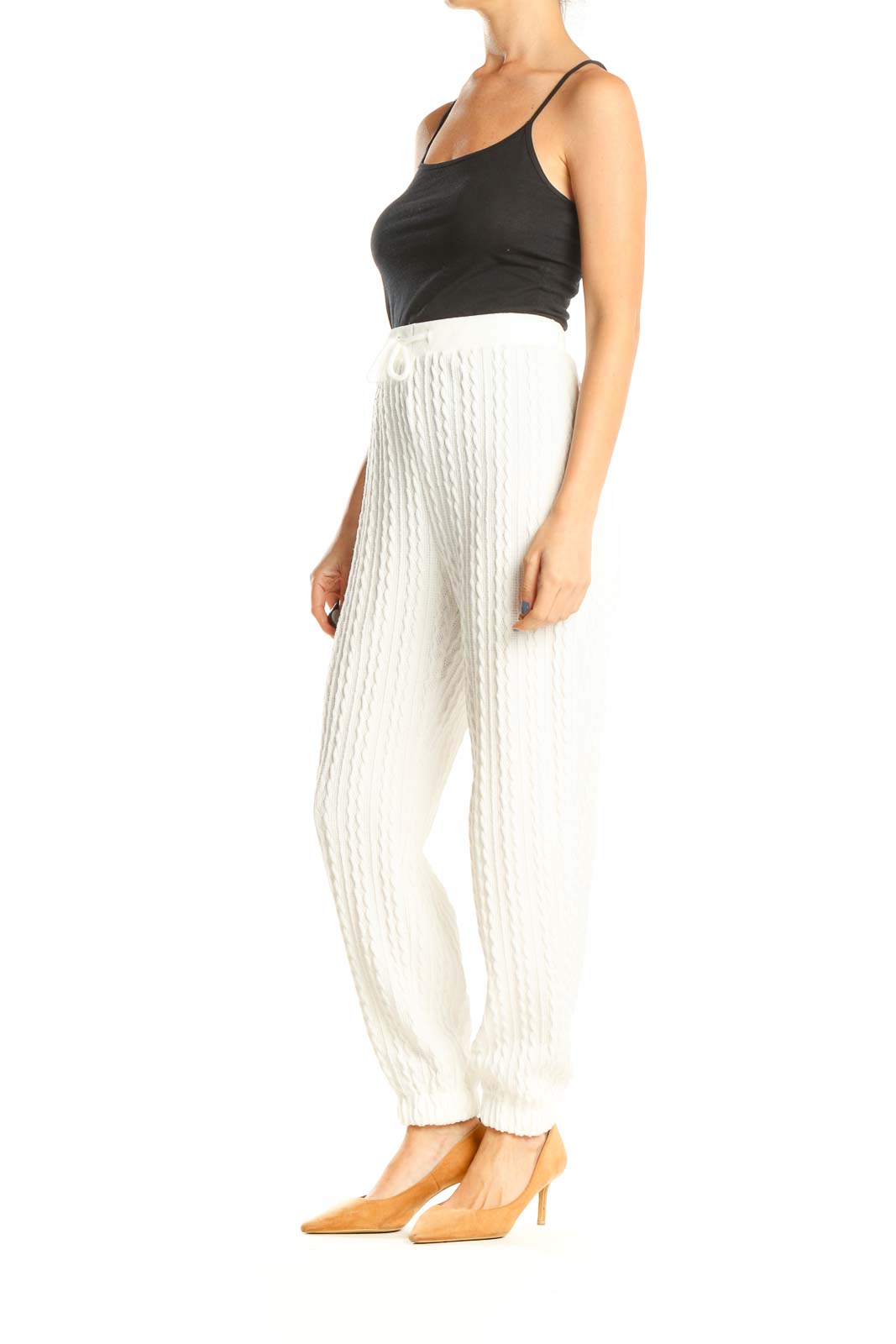 White Textured Casual Pants