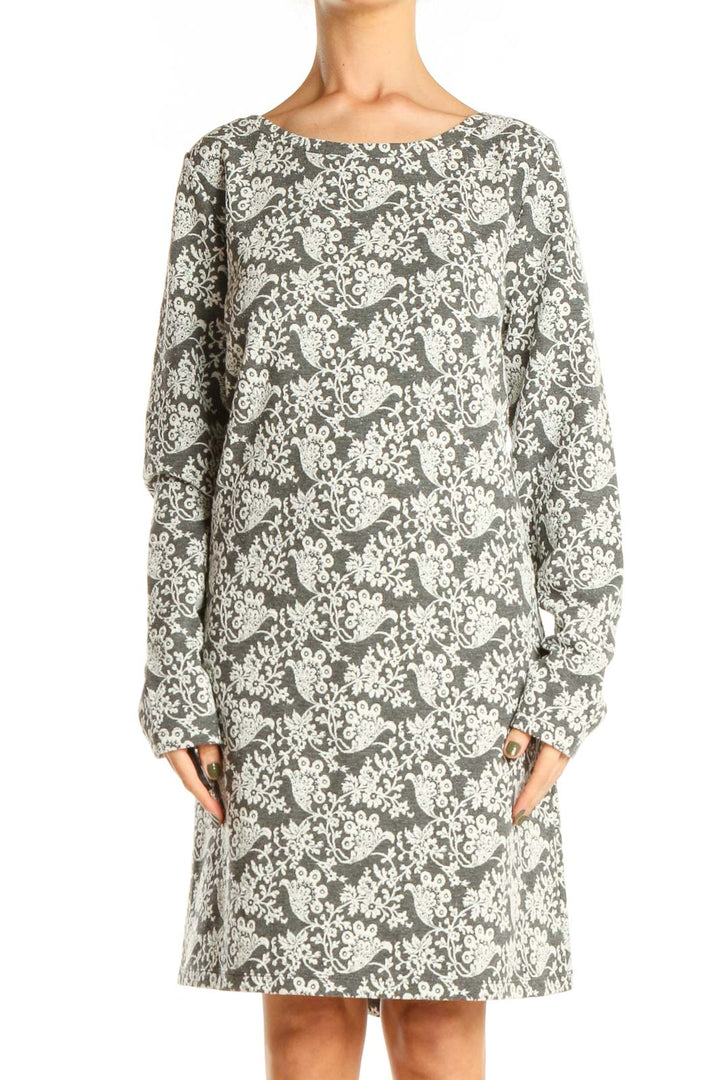 White Gray Floral Print A-Line Dress