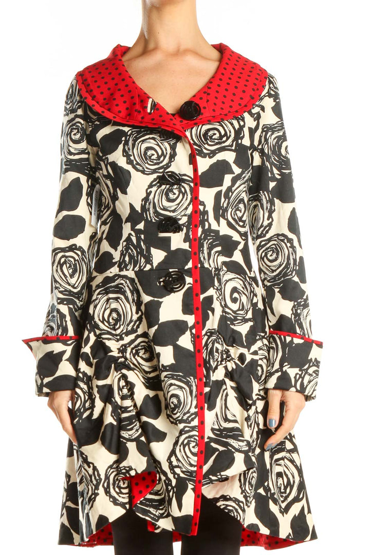 Red White Black Floral Polka Dot Retro Coat