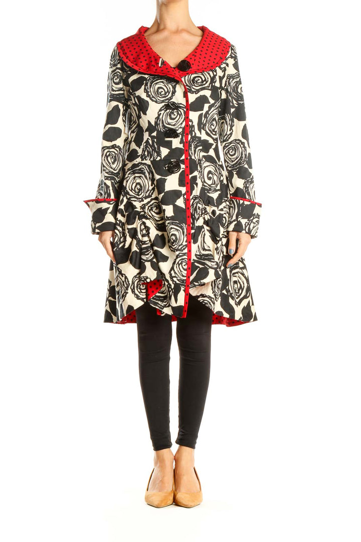 Red White Black Floral Polka Dot Retro Coat