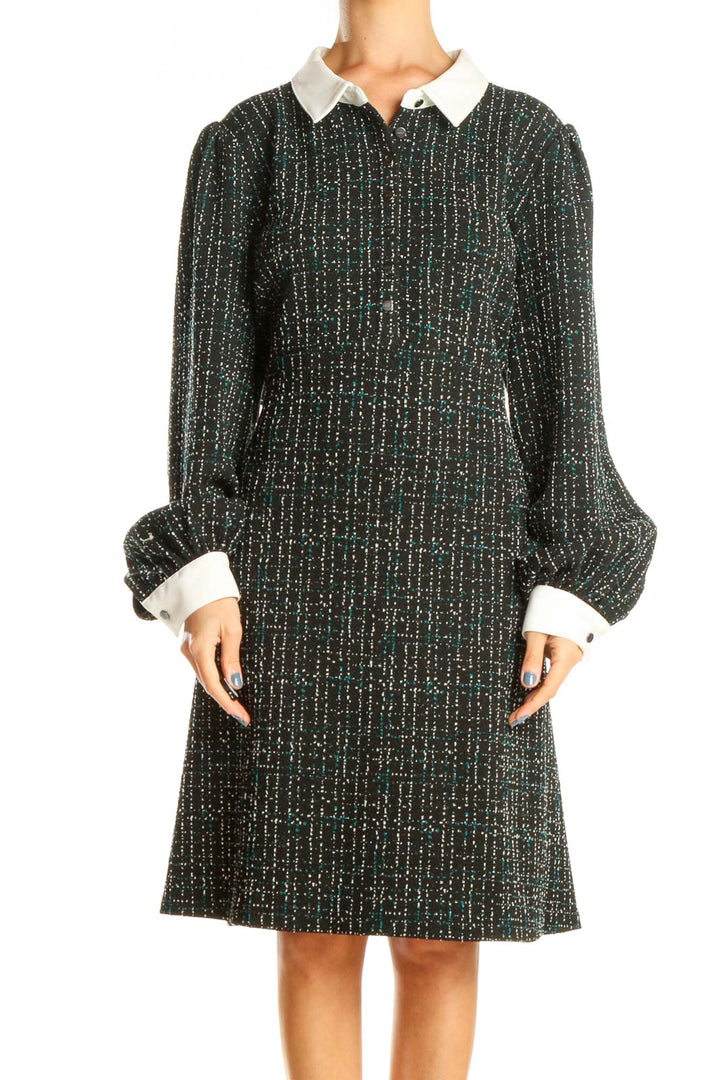 Black Green Textured Work A-Line Dress