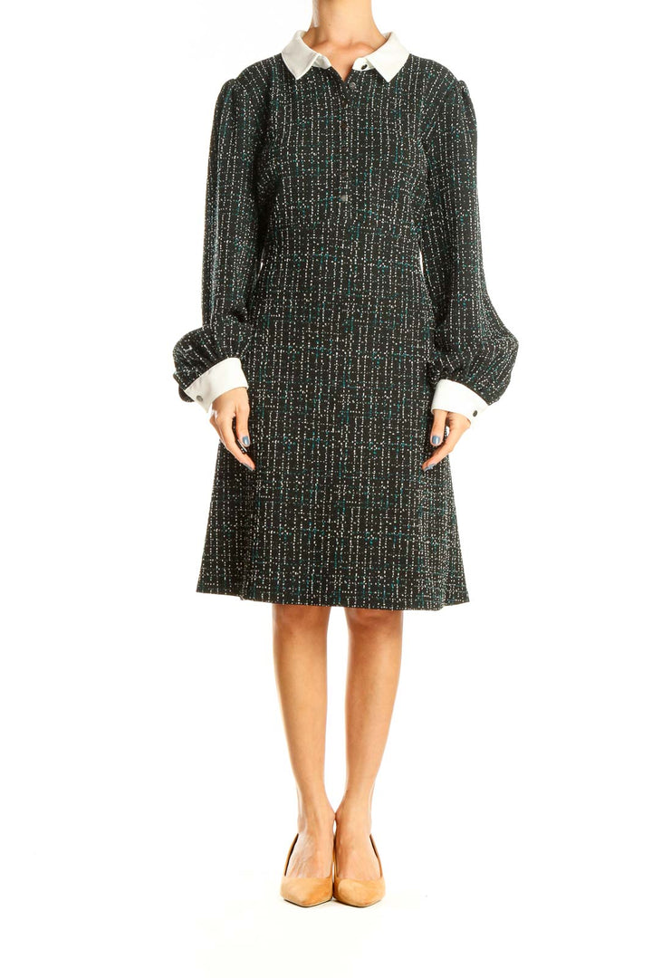 Black Green Textured Work A-Line Dress