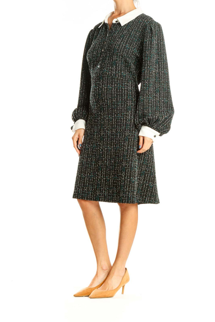 Black Green Textured Work A-Line Dress