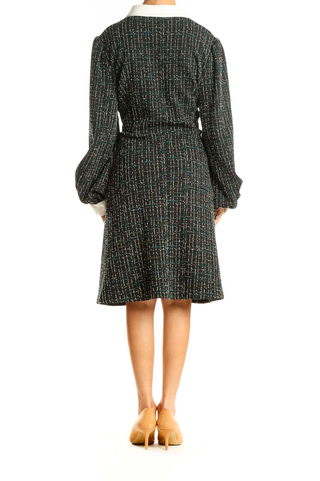 Black Green Textured Work A-Line Dress