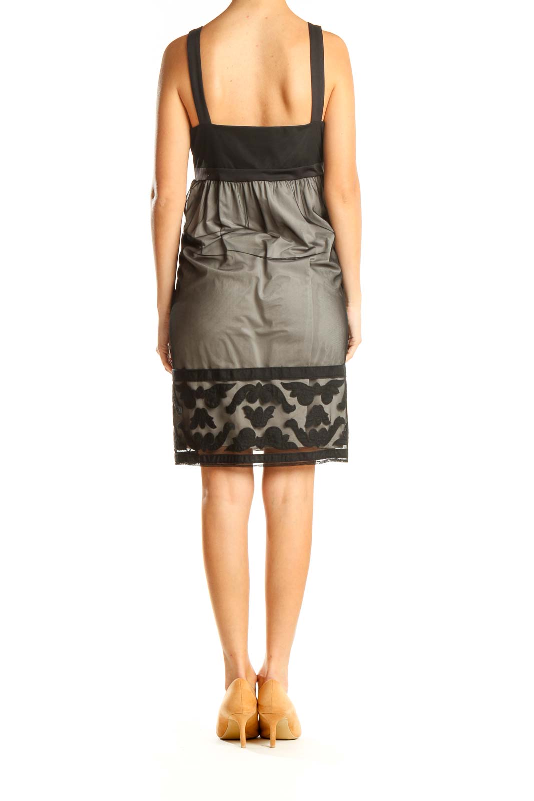 Beige Black Textured Mesh Retro Sheath Dress