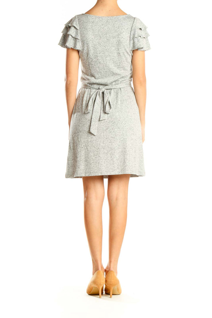 Gray Ruffle Sleeve Tie Waist Casual Dress