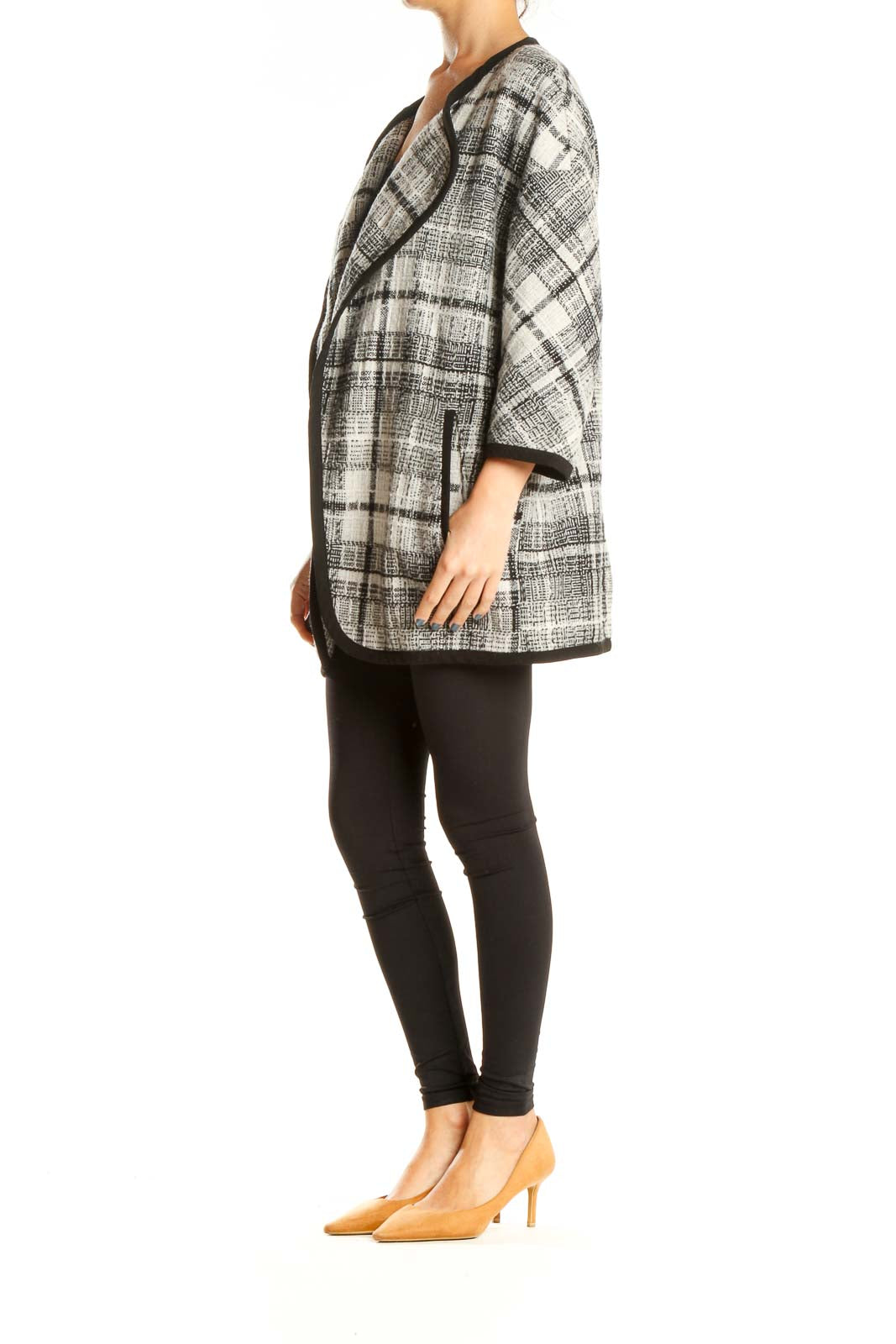 Beige Black Plaid Blazer Coat