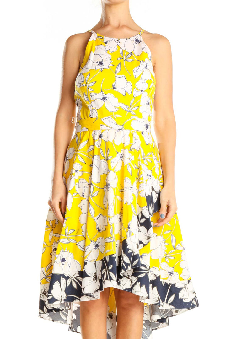 Yellow Colorblock Floral Print Fit & Flare Dress