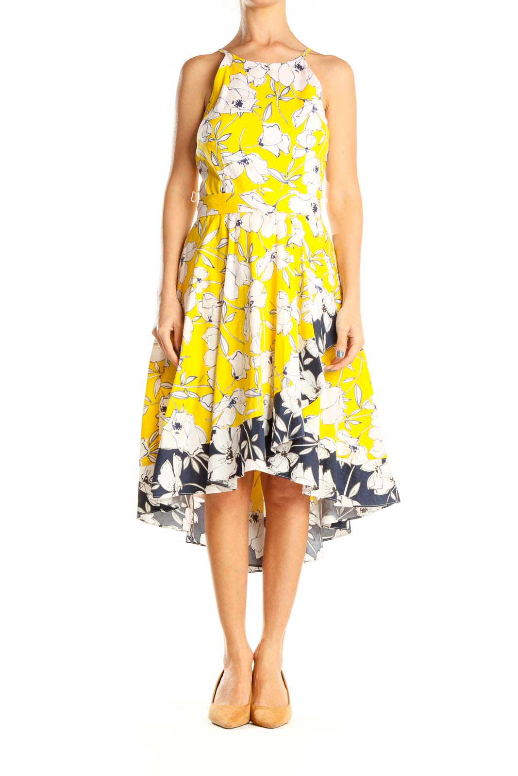 Yellow Colorblock Floral Print Fit & Flare Dress