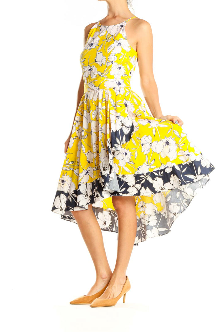 Yellow Colorblock Floral Print Fit & Flare Dress