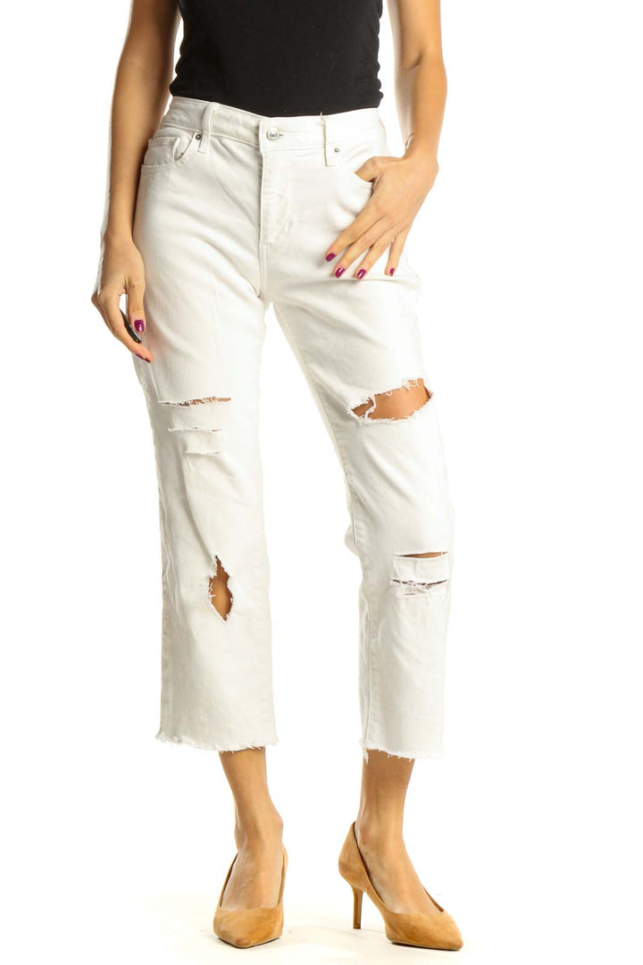 Reworked White High Waisted Cropped Distressed Flare Jeans