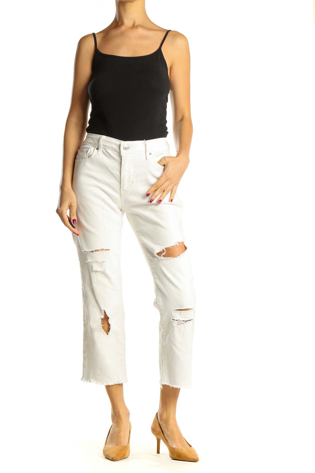 Reworked White High Waisted Cropped Distressed Flare Jeans