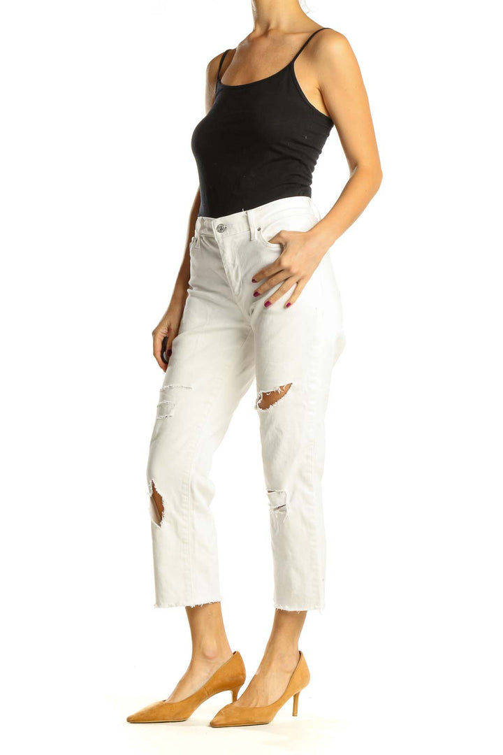 Reworked White High Waisted Cropped Distressed Flare Jeans