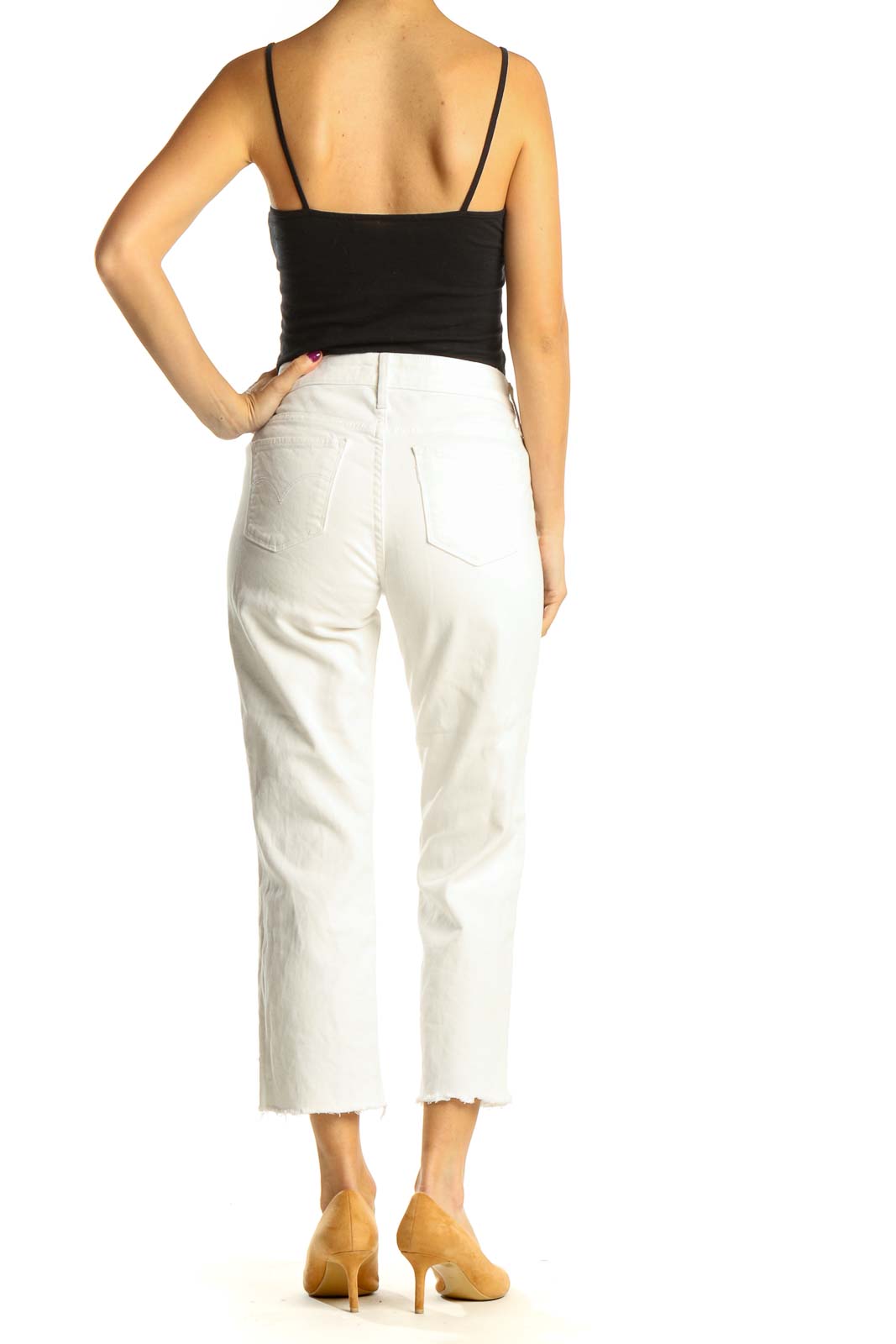 Reworked White High Waisted Cropped Distressed Flare Jeans