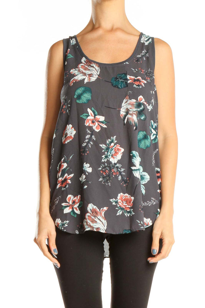 Gray Floral Print Casual Tank Top