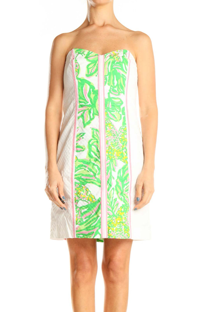 Green White Pink Printed Strapless Holiday Shift Dress