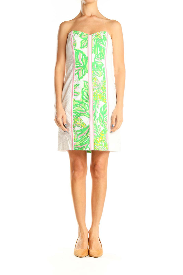 Green White Pink Printed Strapless Holiday Shift Dress