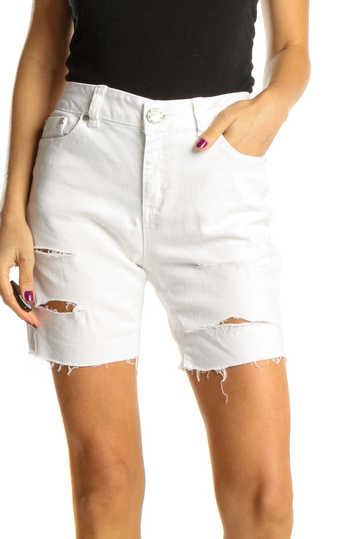 Reworked White Distressed Casual Denim Shorts