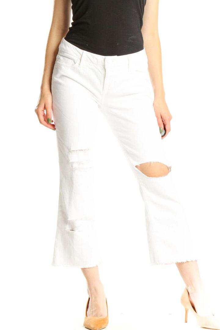 White Distressed Reworked Cropped Jeans