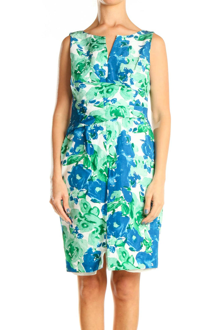 Green Blue Floral Print Sheath Dress