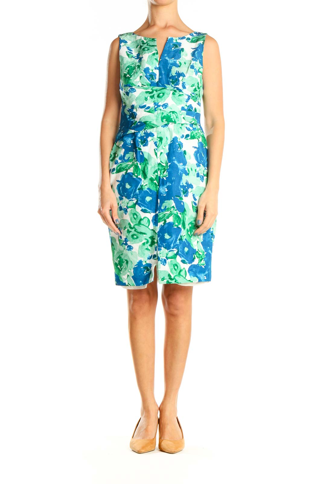 Green Blue Floral Print Sheath Dress