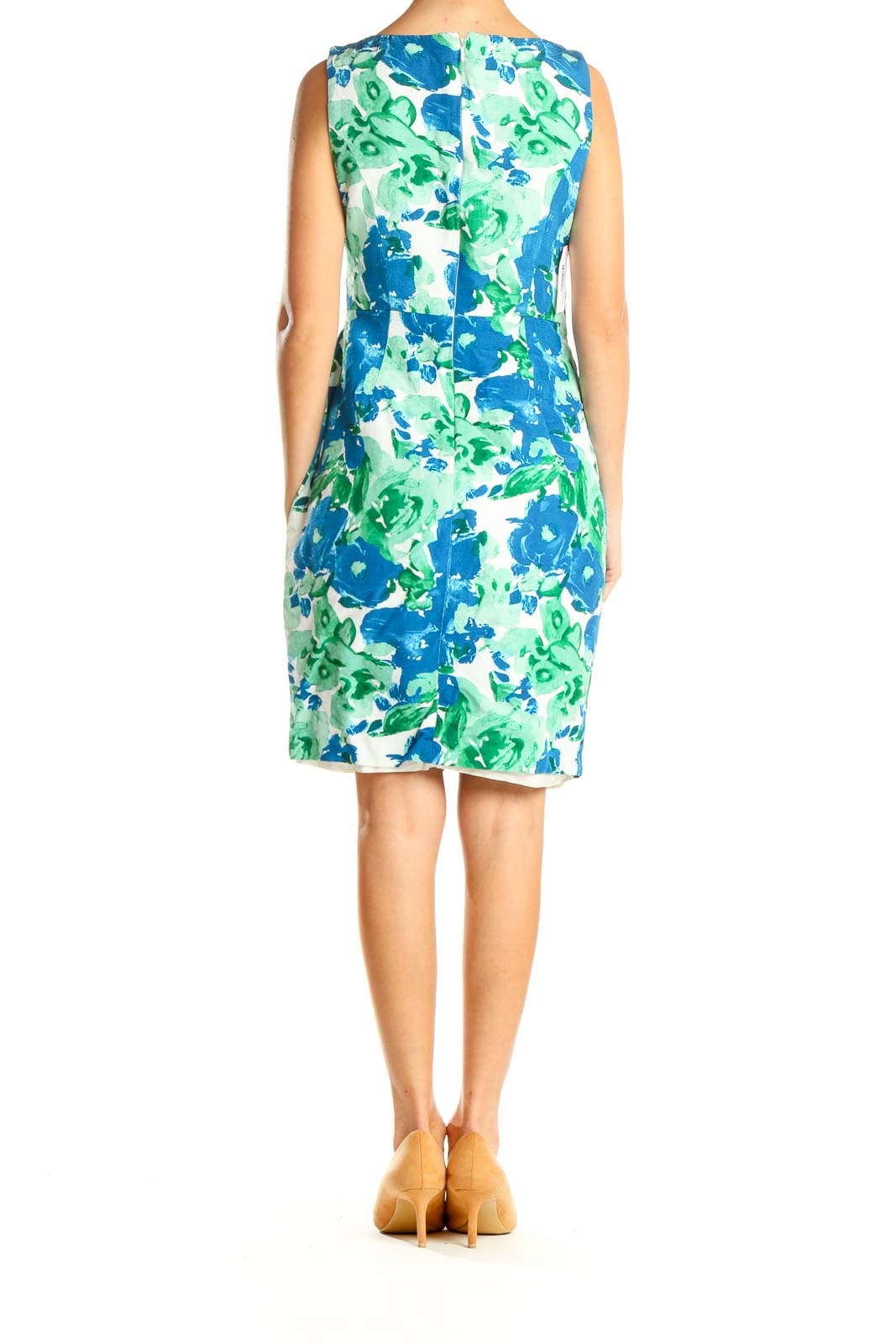 Green Blue Floral Print Sheath Dress