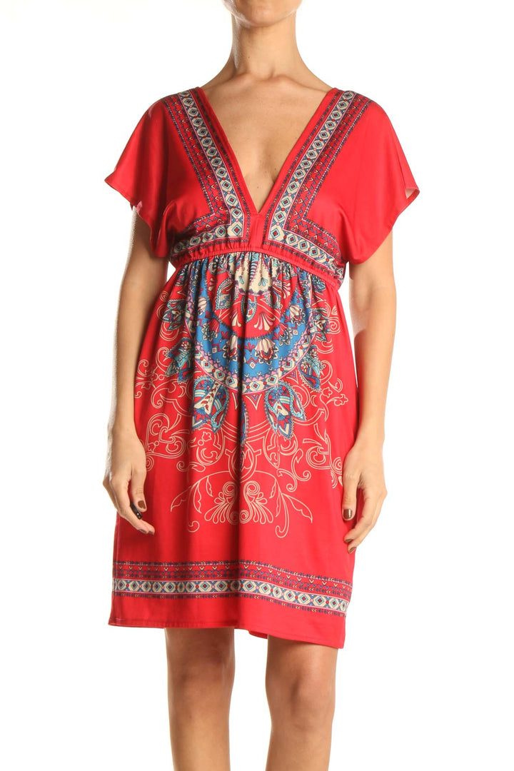 Red Printed V-Neck Bohemian Fit & Flare Dress