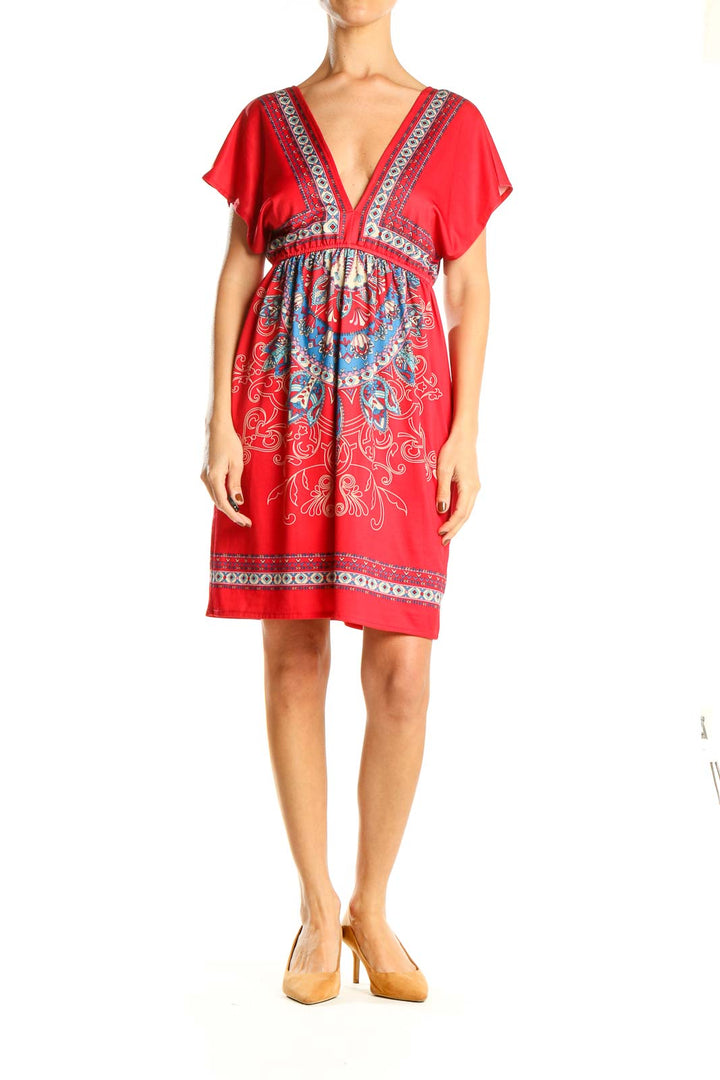 Red Printed V-Neck Bohemian Fit & Flare Dress