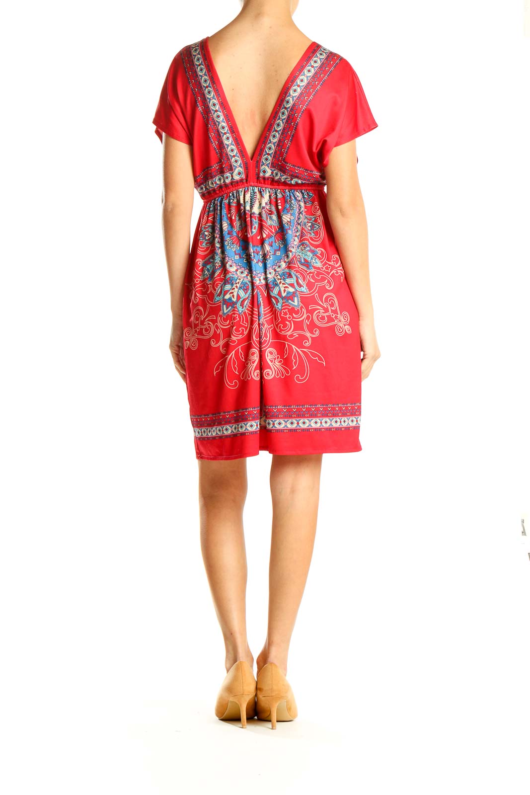 Red Printed V-Neck Bohemian Fit & Flare Dress