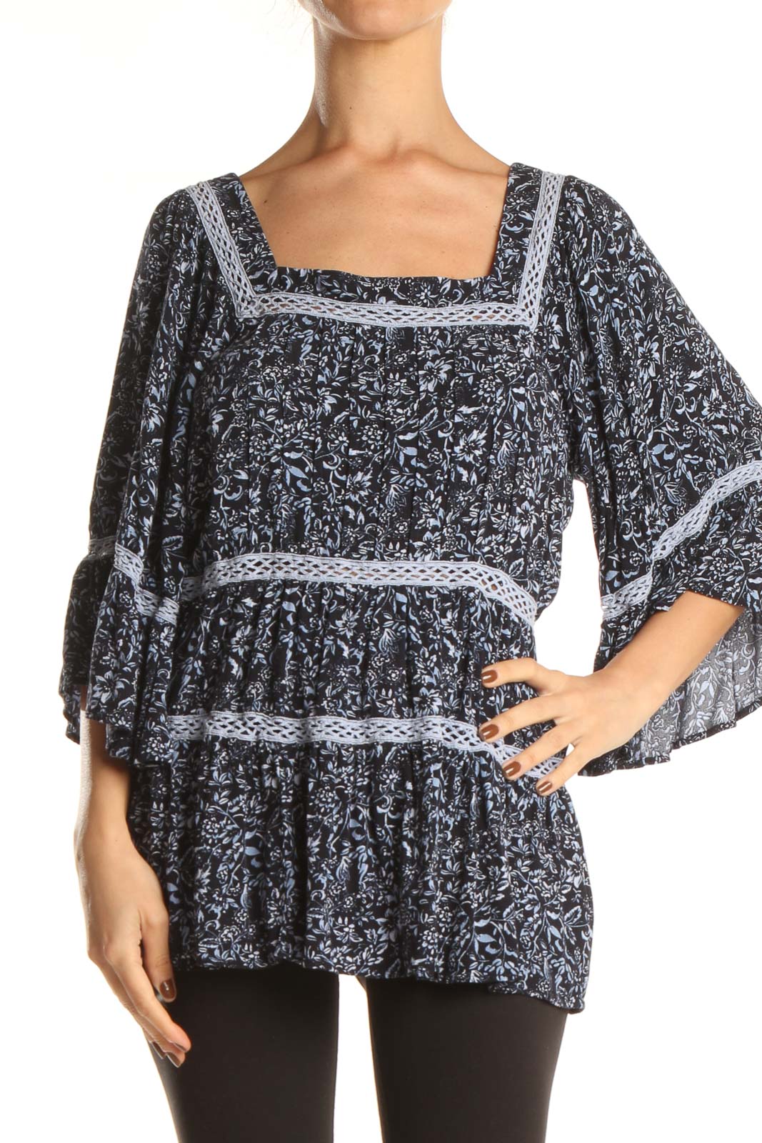 Front view of Free People blue floral square neck tiered tunic top