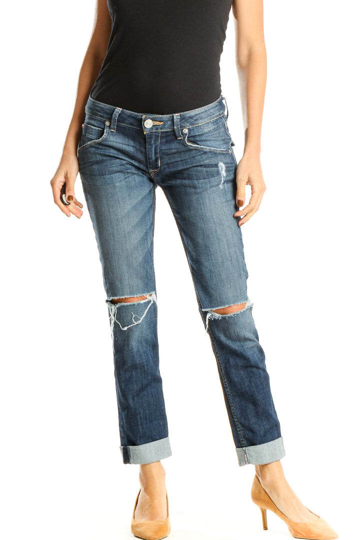 Blue Distressed Cropped Cuffed Jeans