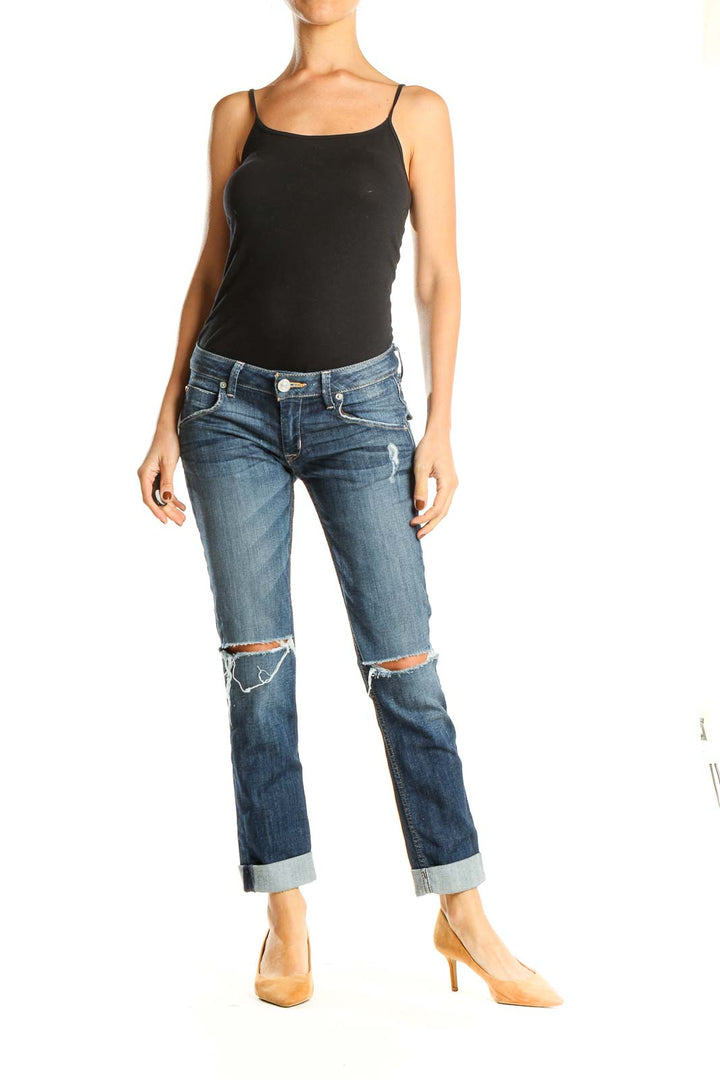 Blue Distressed Cropped Cuffed Jeans