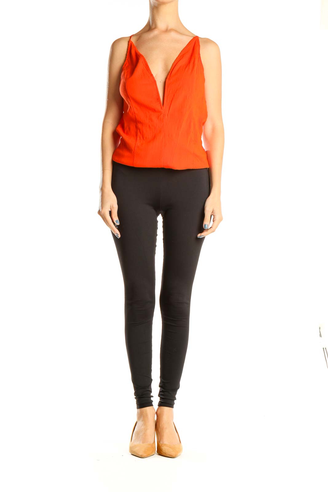 Front view of orange Free People sleeveless top with plunging V-neckline