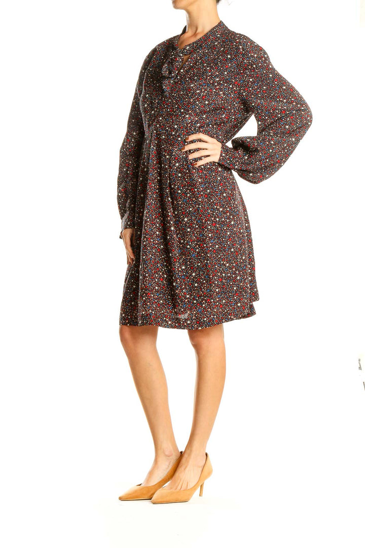 Multicolor Star Print Fit & Flare Dress with Tie Neck