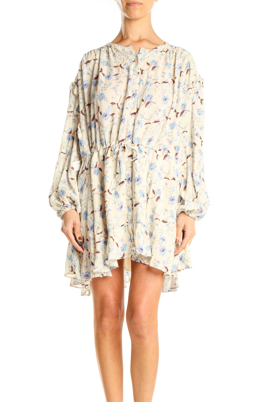 Front view of cream floral print mini dress with long sleeves