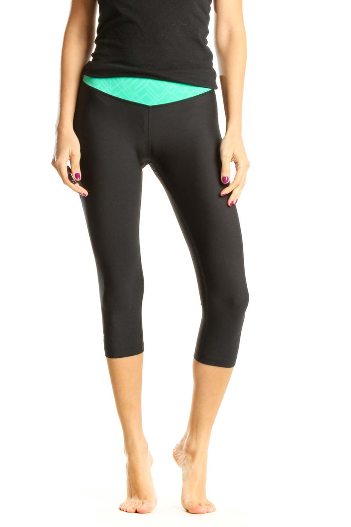 Black Cropped Activewear Leggings with Teal Waistband