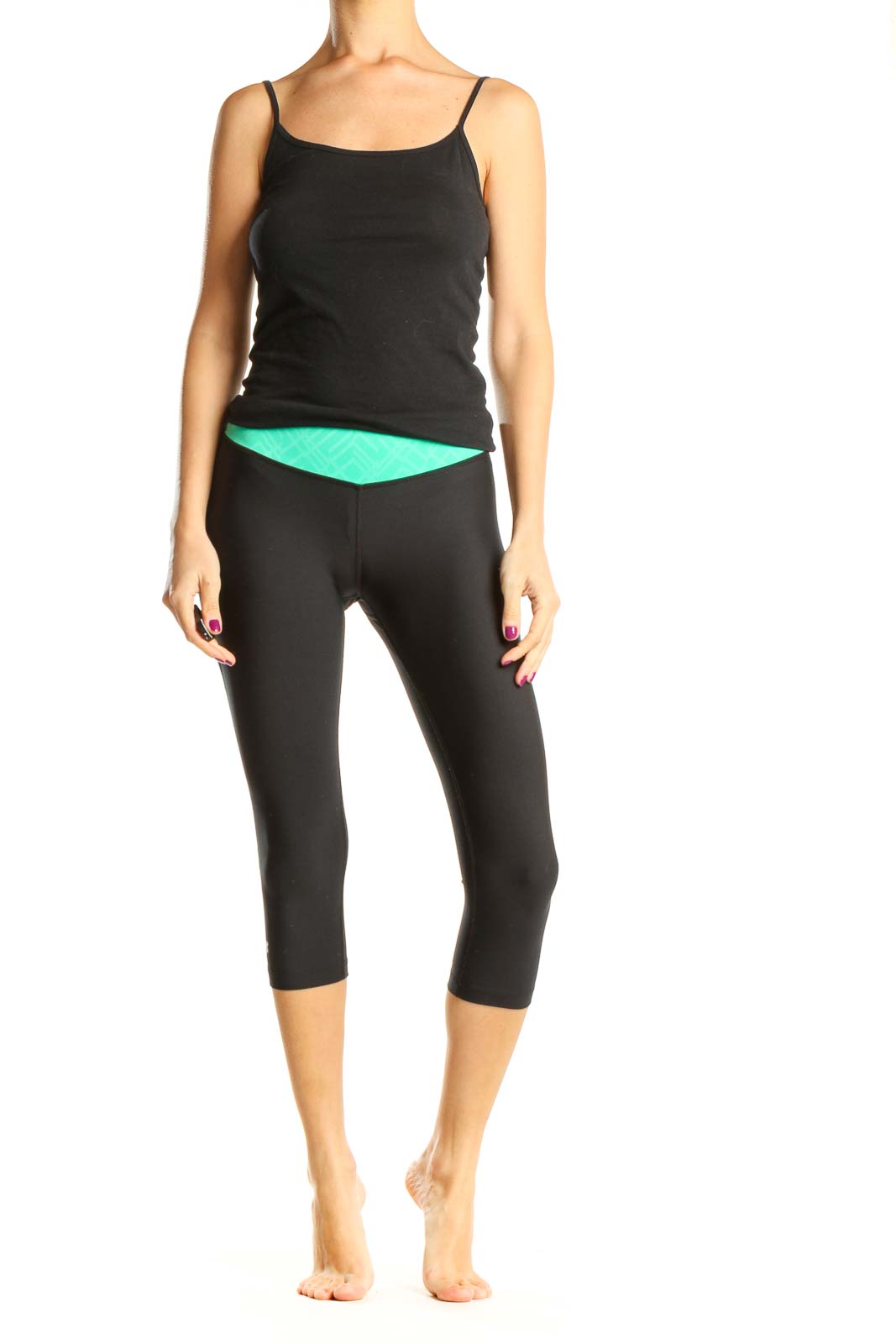 Black Cropped Activewear Leggings with Teal Waistband