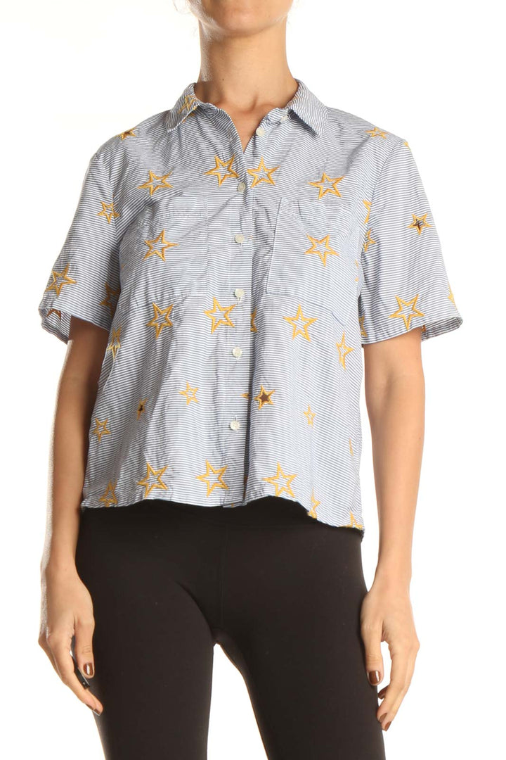 Blue Striped Star Embroidered Chic Top