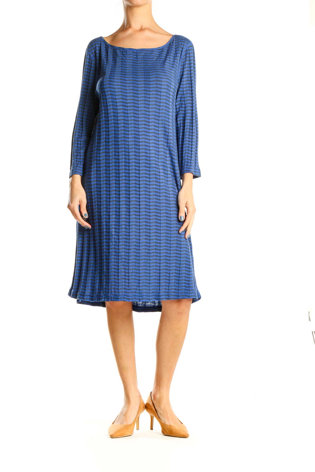 Blue Chevron Print Casual A-Line Dress