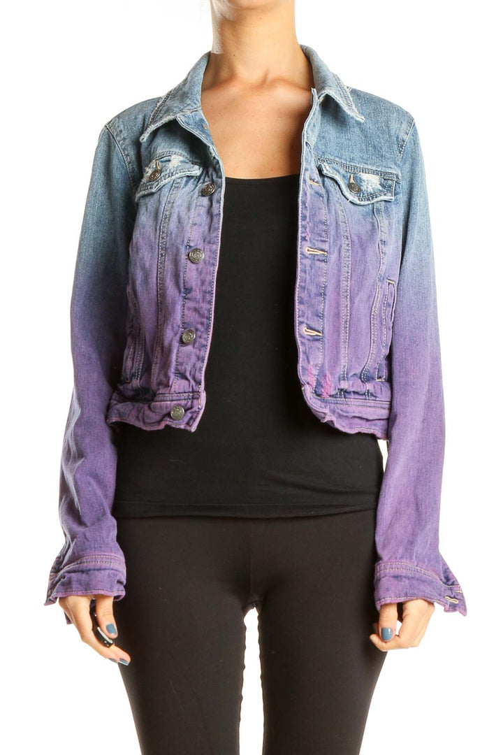 Front view of Free People blue and purple ombre denim jacket with distressed details