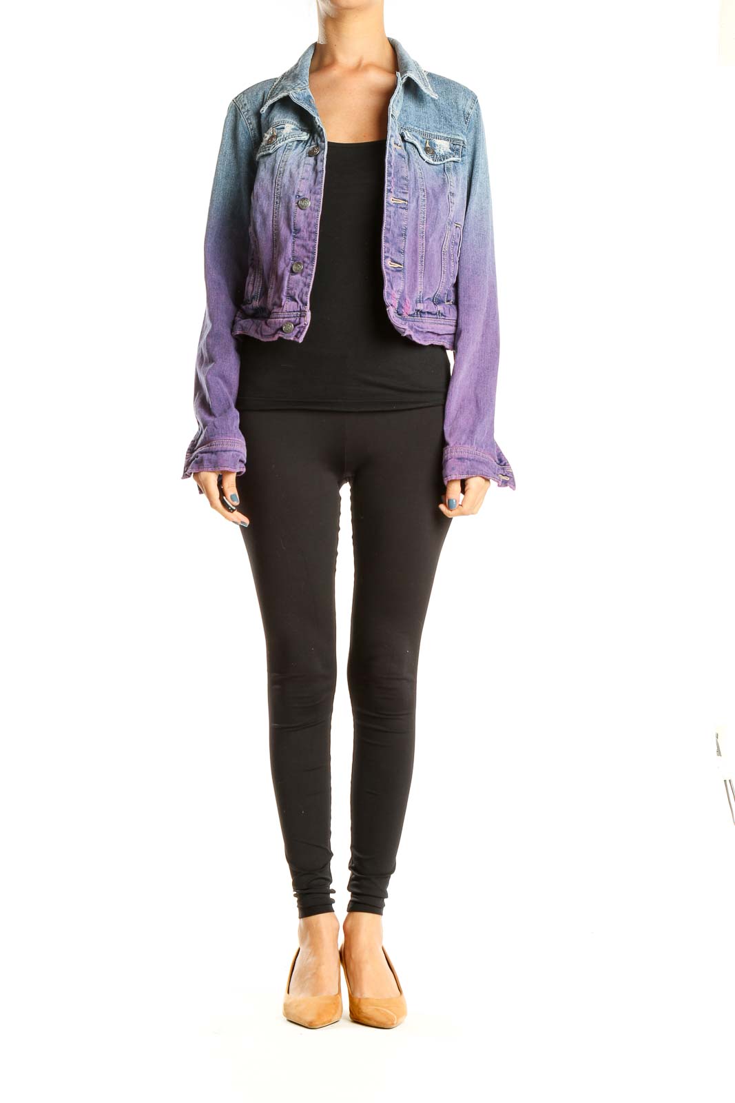 Front view of Free People blue and purple ombre denim jacket with distressed details