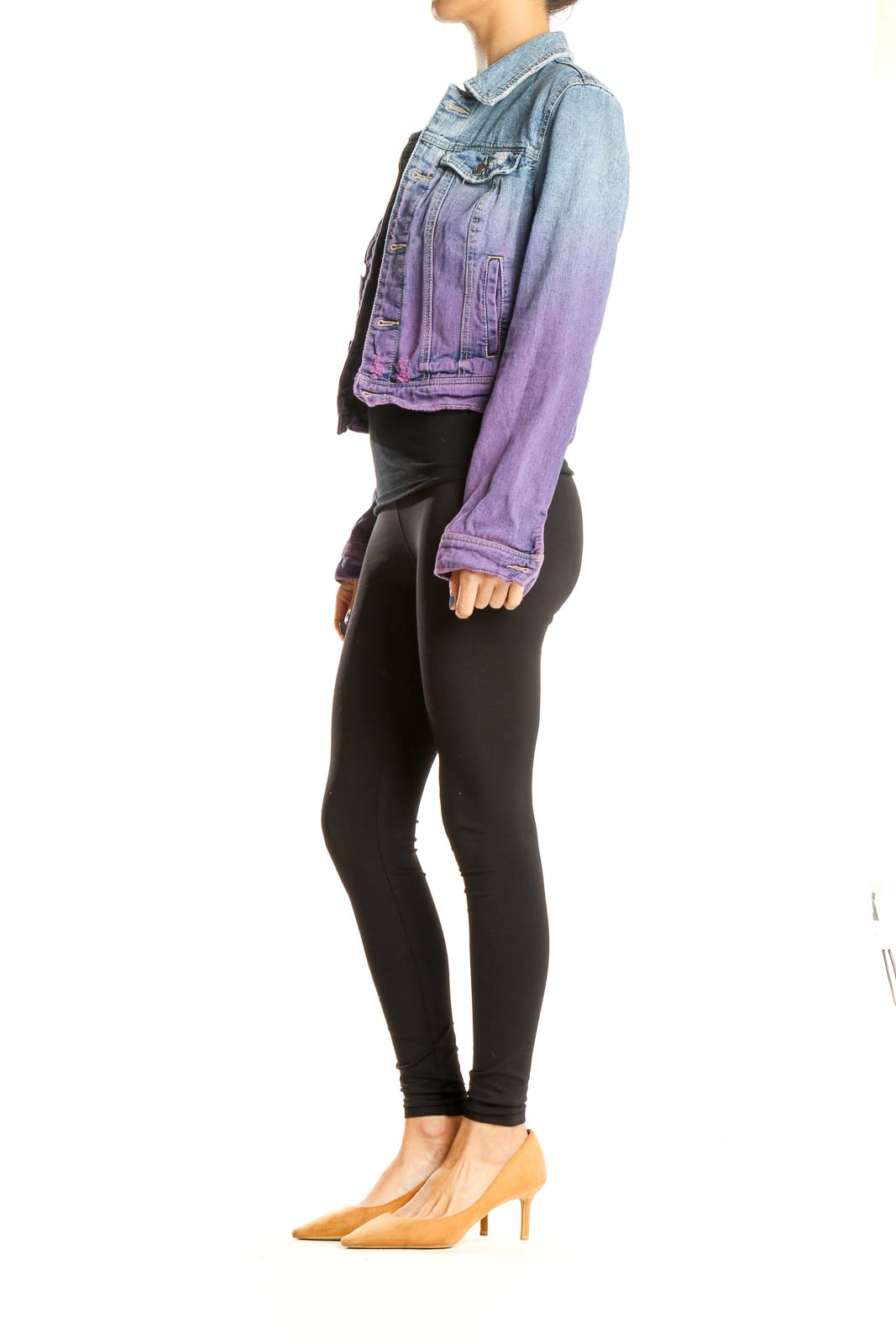 Front view of Free People blue and purple ombre denim jacket with distressed details