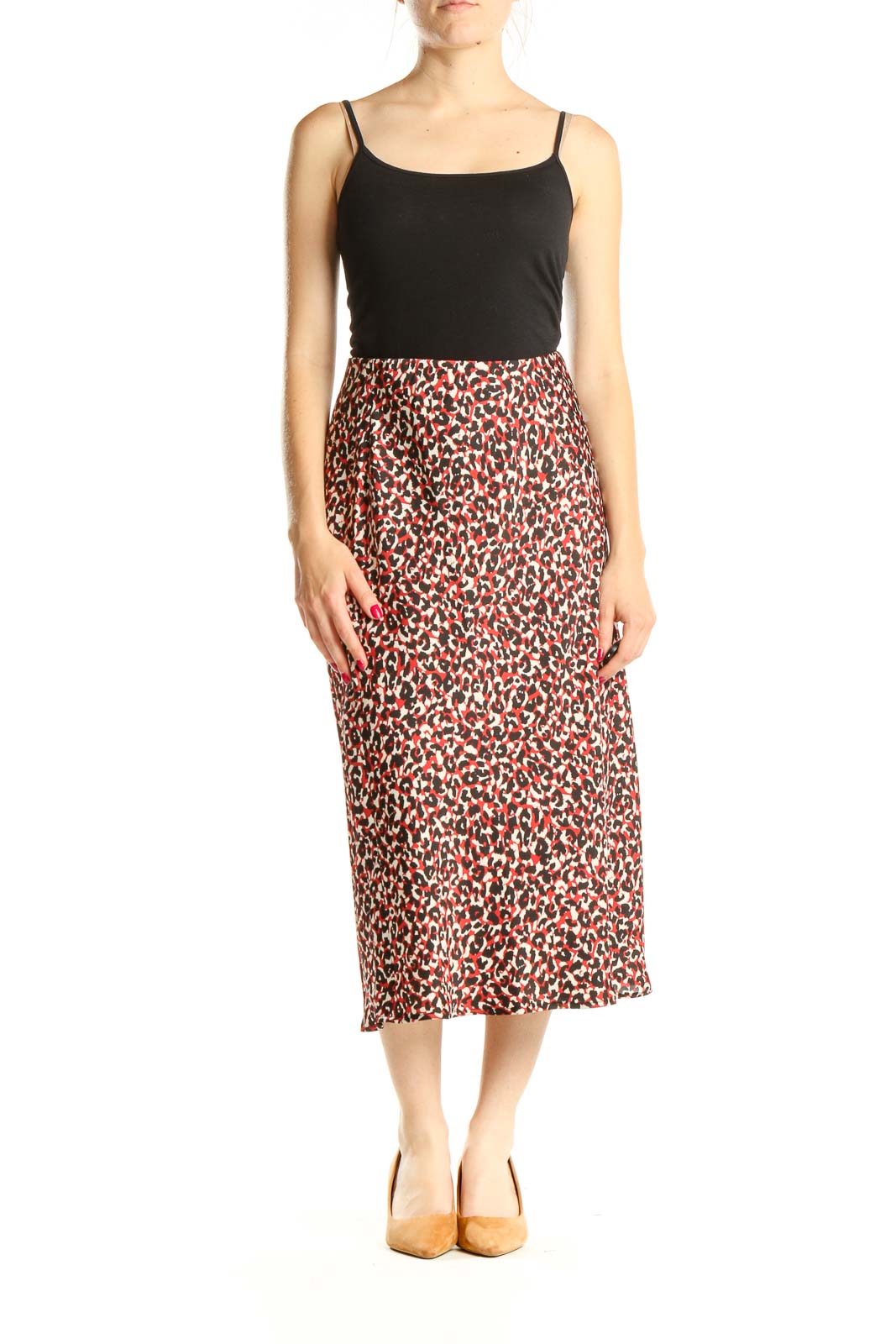 Red Black Animal Print Chic Midi Skirt